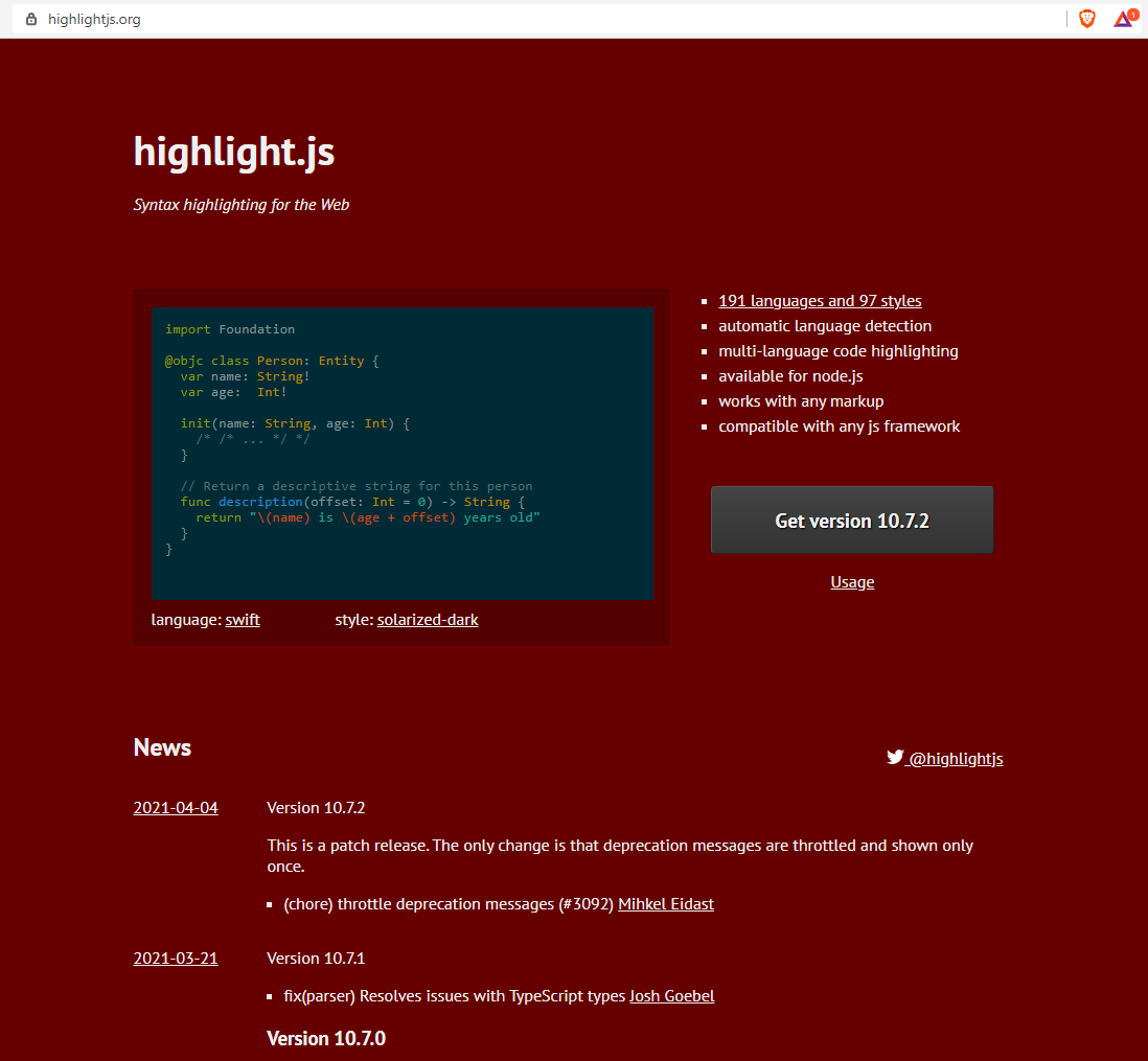 Página inicial da highlightjs.org 