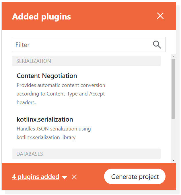 Tela de plugins do gerador de projeto Ktor, apresentando 4 plugins adicionados, sendo o Content Negotiation e o kotlinx.serialization os 2 novos que vieram junto com o exposed.