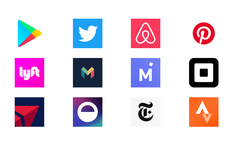 Lista de 12 aplicativos que já utilizam o Jetpack Compose, seus ícones estão distribuídos em 3 linhas de 4 itens cada, alguns dos aplicativos são:  Twitter, Airbnb, Play Store, Square, Cuvva, Monzo, Lyft e The New York Times.