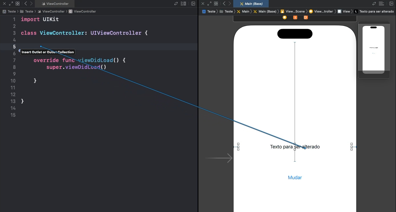 Tela do xcode dividida horizontalmente ao meio, ao lado esquerdo o editor de código com o arquivo “ViewController.swift” aberto com os códigos gerados na criação do projeto. Ao lado direito do xcode, está a tela do storyboard com a tela recortada na parte de layout de um dispositivo iphone, tela está com fundo branco com um texto escrito “Texto para ser alterado” um pouco acima do centro da tela e alinhado horizontalmente no centro, um abaixo do texto há um botão com o texto “Mudar”.