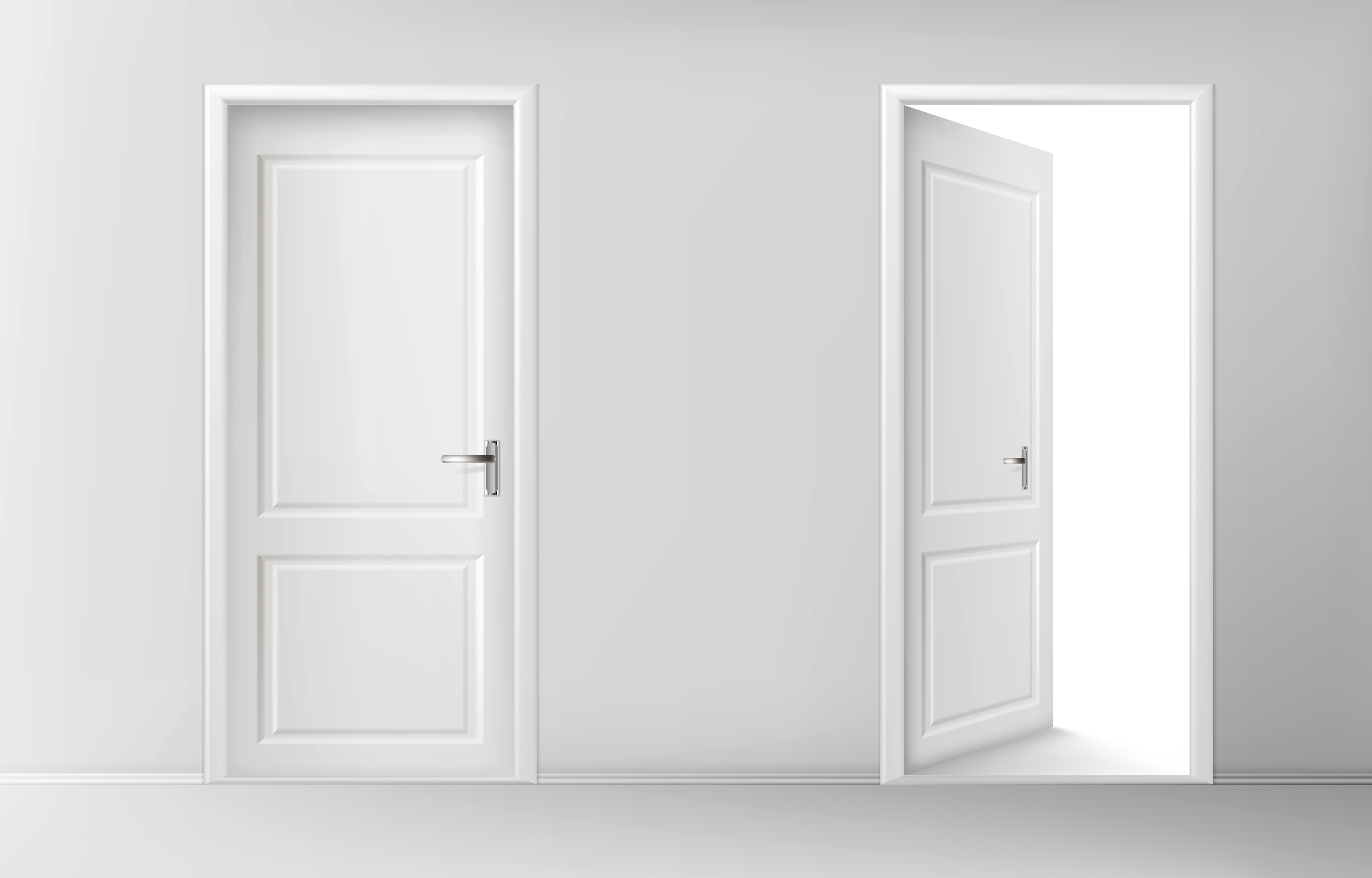 Duas portas brancas em uma parede cinza clara. A porta da esquerda está completamente fechada, enquanto a porta da direita está entreaberta, revelando um fundo totalmente branco e iluminado.