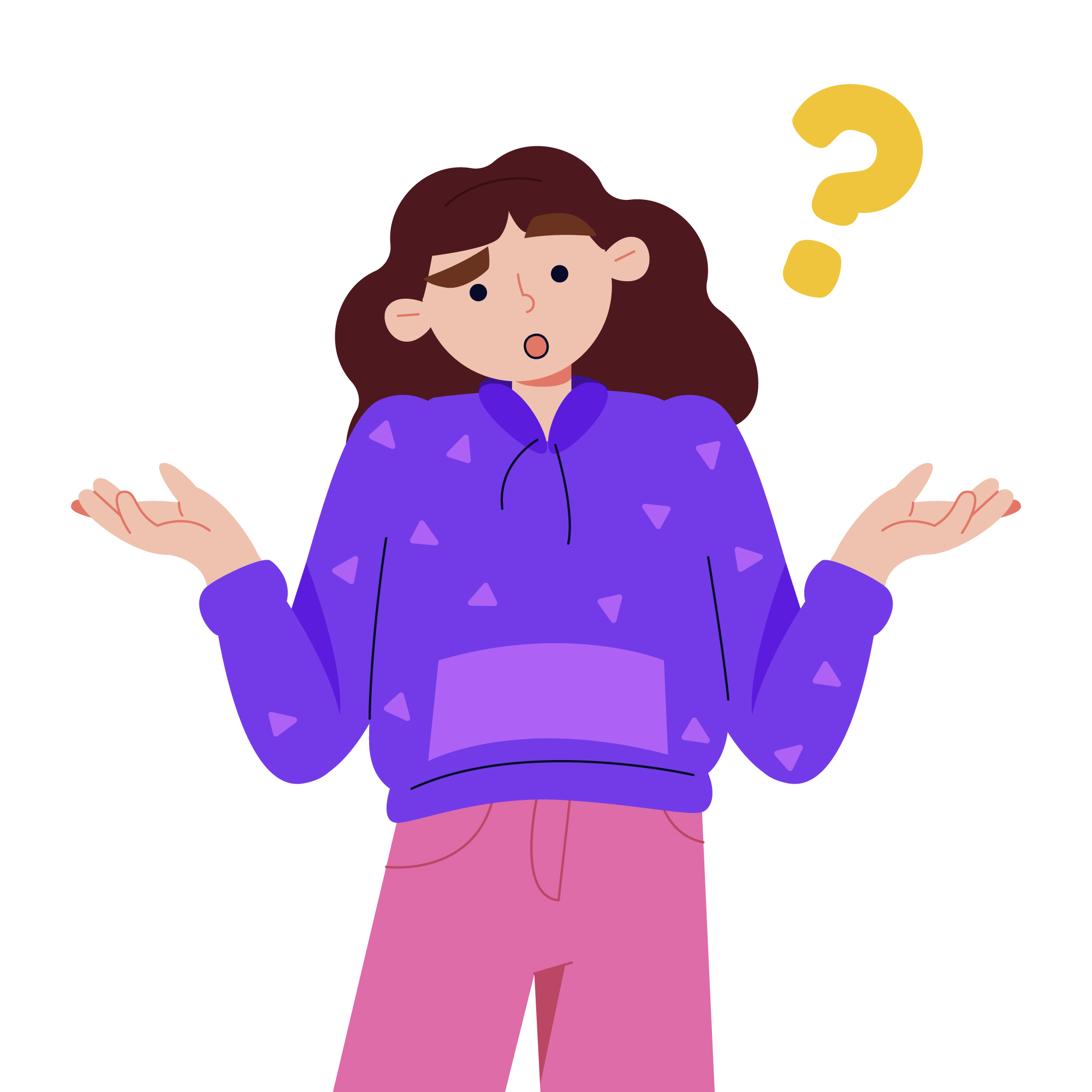 Ilustração de uma pessoa com expressão de dúvida. A personagem tem cabelo castanho, veste um moletom roxo com detalhes em forma de triângulo e calça rosa. Está com os braços abertos e as palmas das mãos viradas para cima, em gesto de questionamento. Ao lado de sua cabeça, há um ponto de interrogação amarelo.