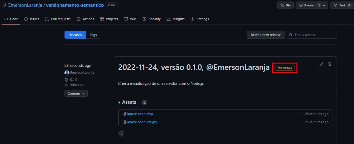 Captura de tela do projeto criado no Github sobre versionamento semântico. A tela traz uma aba de navegação com os links “Code”, “Issues”, “Pull requests”, “Actions”, “Projects”, “Wiki”, “Security”, “Insights” e “Settings”. Em destaque temos o campo “Releases” selecionado em um botão de fundo azul e letras brancas. Destacado por um retângulo de bordas vermelhas está o texto “Pre-releases”, de cor laranja. À esquerda do retângulo está o título principal “2022-11-24, versão 0.1.0, @EmersonLaranja”. Abaixo está a descrição “Criei a inicialização de um servidor com o Node.js”. Abaixo existe o campo “Assets” com duas linhas que são links de cor azul, o primeiro escrito “Source code (zip)” e o segundo “Source code (tar.gz)”.