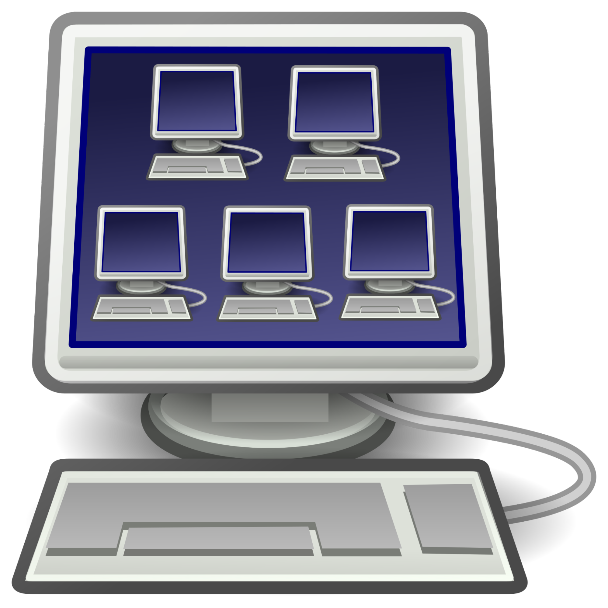 A imagem mostra um computador desktop com imagens de outros 5 computadores desktop “dentro” dele, aparentes na tela inicial.