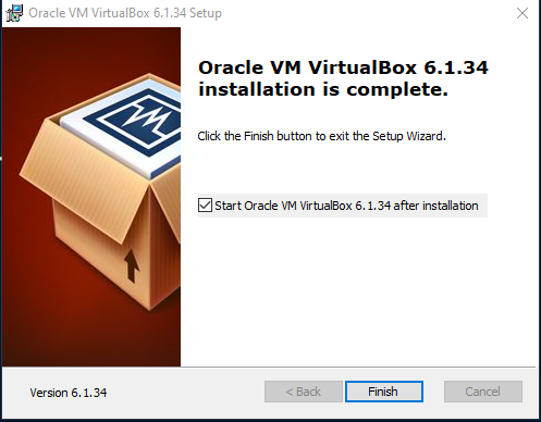 Imagem que mostra a tela do instalador do VirtualBox e que a instalação está completa. Há uma caixa de seleção que solicita para iniciar o Oracle VM VirtualBox. Apresenta o botão “finish” (para finalizar a instalação).