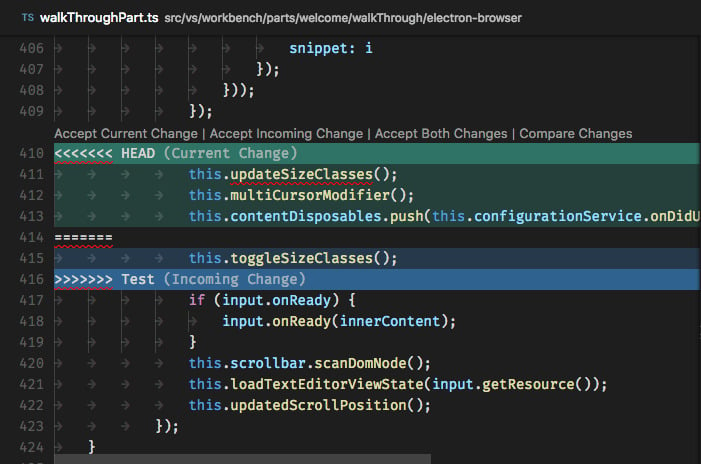 Captura de tela da interface do Visual Studio Code, mostrando um conflito em um arquivo TypeScript. O Visual Studio Code destaca dois trechos de códigos com cores diferentes. Cada trecho de código se refere a uma modificação feita por uma pessoa diferente. Junto a esses trechos de código, estão algumas opções que o Visual Studio Code fornece para que você lide com o conflito, como aceitar o código anterior, aceitar o código da outra pessoa ou aceitar os dois.