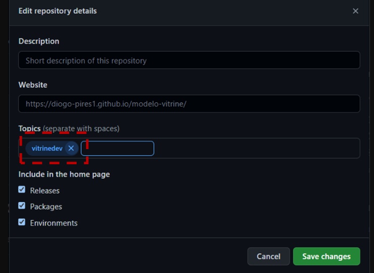 Vá até o item Topics e acrescente a tag vitrinedev.