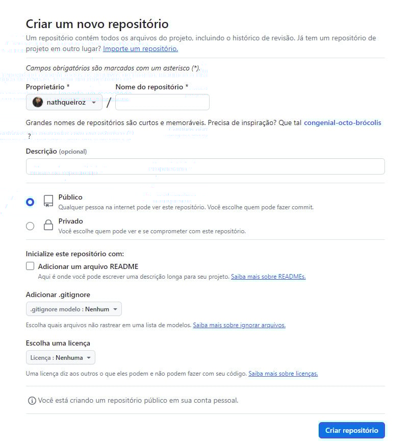 Criação de um novo repositorio publico no Github