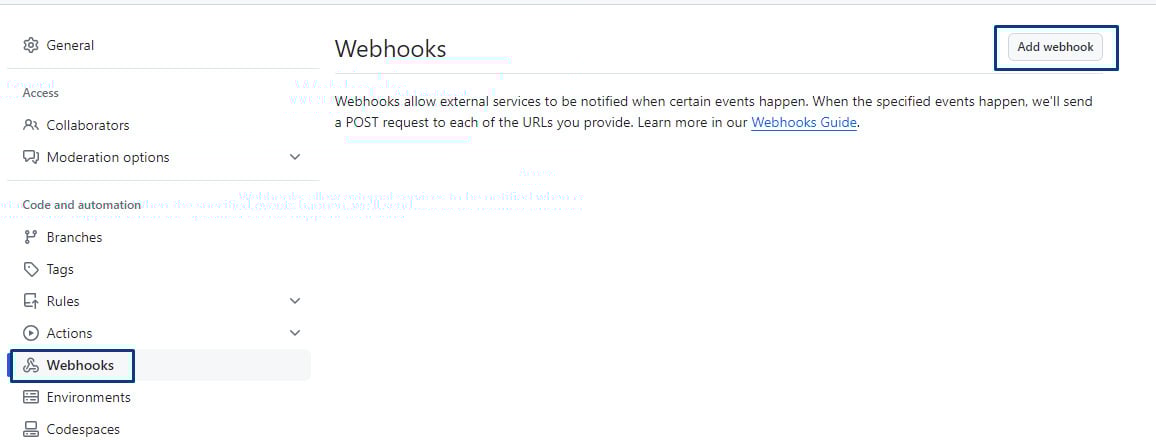 Captura de tela da página de configuração da seção de webhooks no Github. O botão Add webhook está destacado.