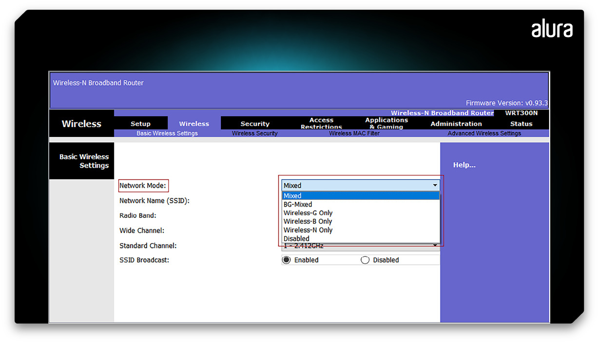 Painel de configurações de um roteador, destacando “Network Mode” e exibindo a seleção da opção  “Mixed”.