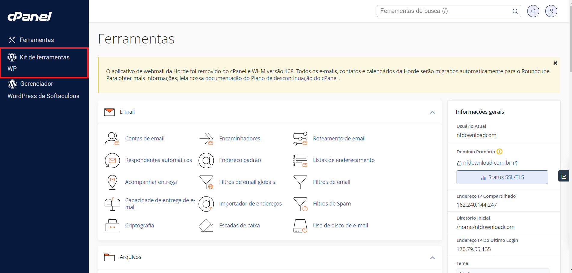 Captura de tela do cPanel na pagina de Ferramentas.