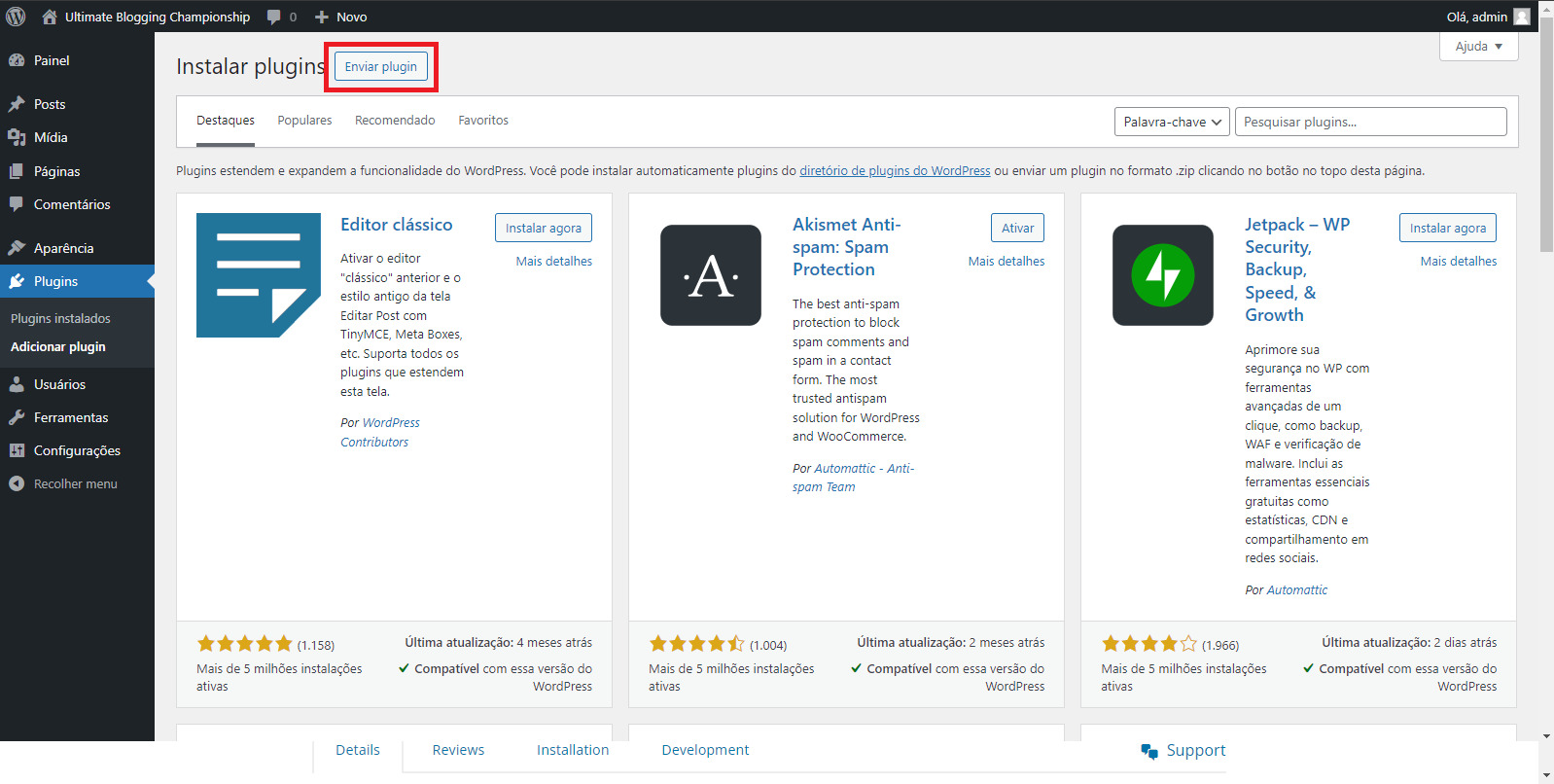 Página de instalação de plugin clicando em enviar plugin.