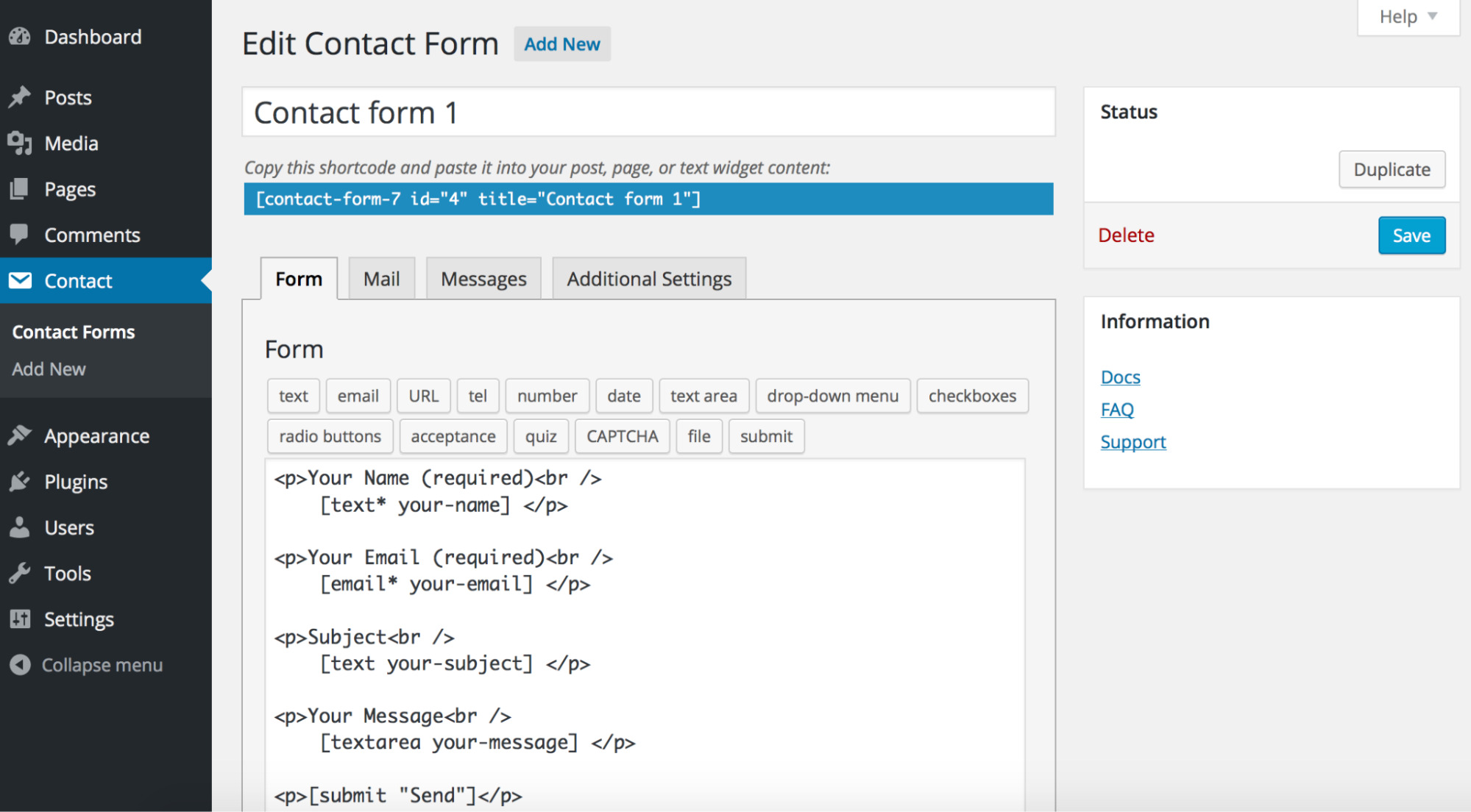 Formulário de contato do Plugin Contact Form.