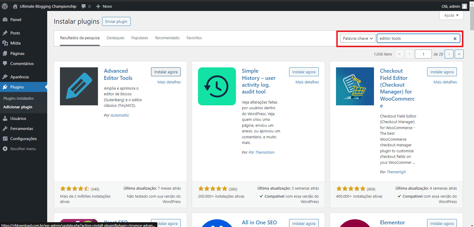 Página de instalação de plugins buscando editor tools.
