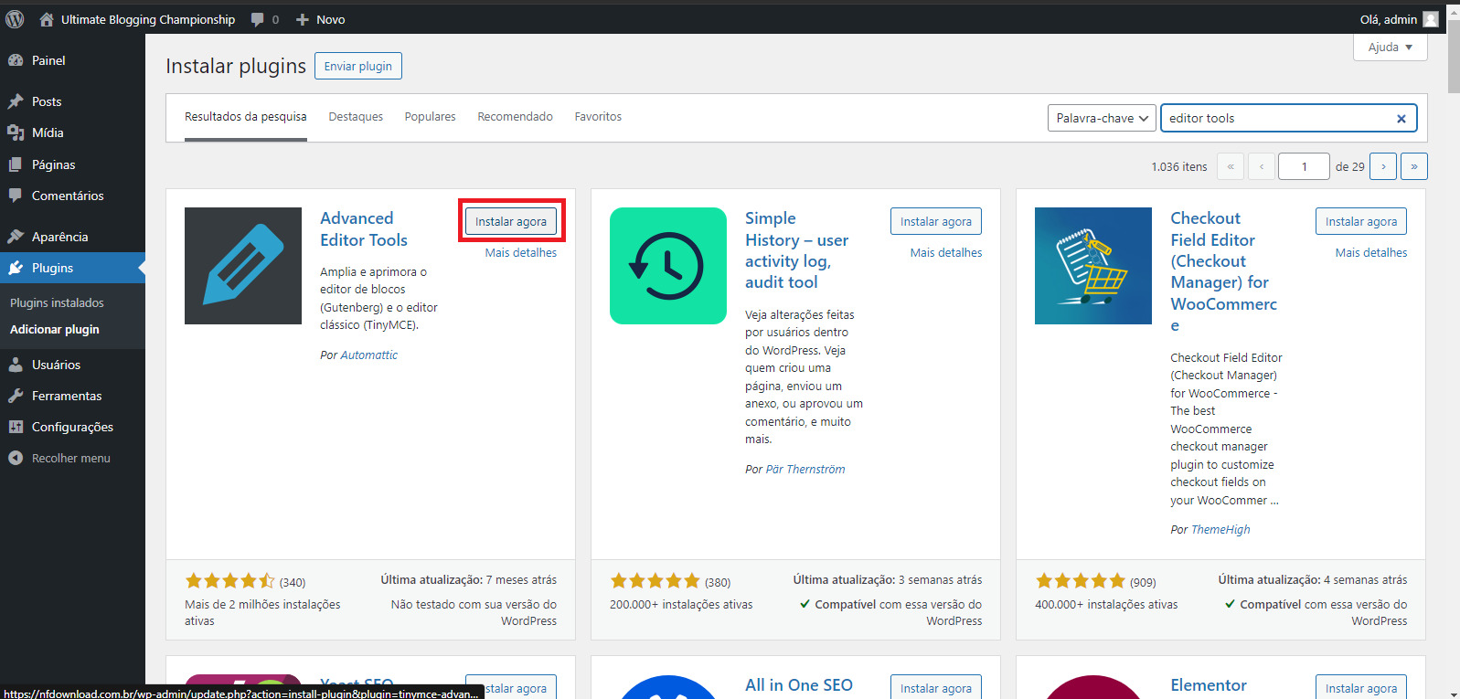 Página de instalação de plugins clicando em instalar agora.