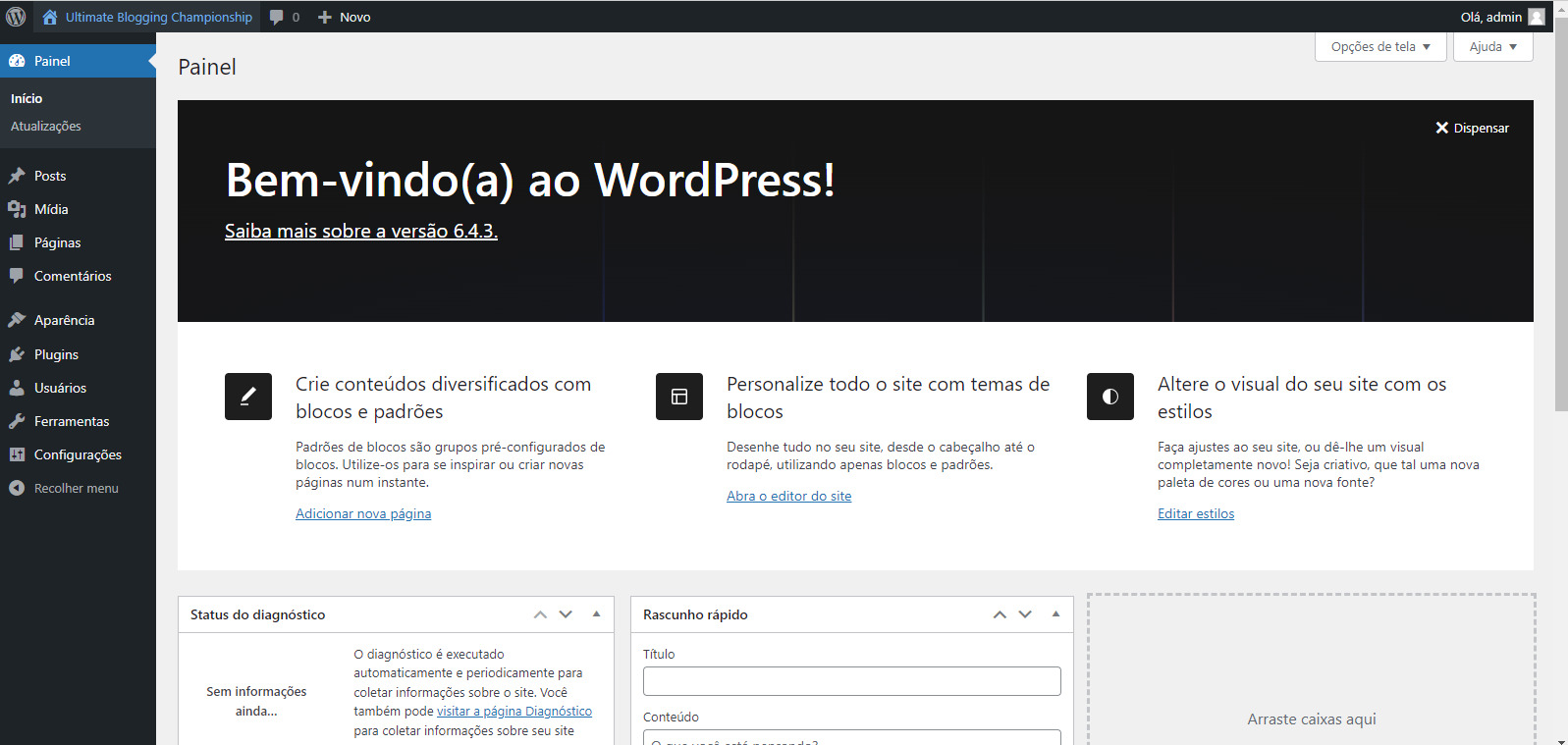 Tela inicial do WordPress.