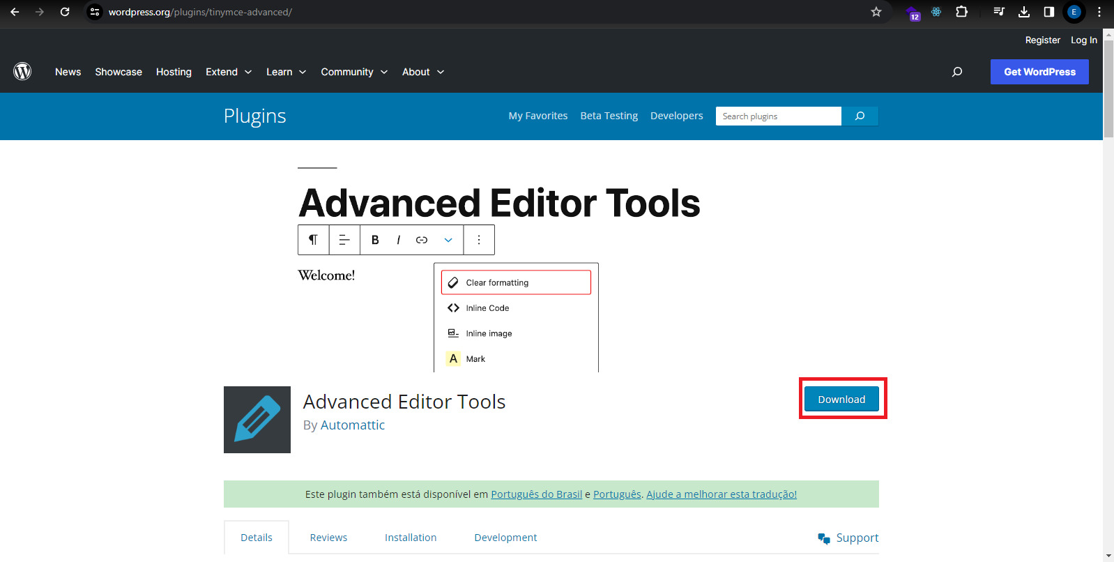 Página do wordpress Advanced Editor Tools clicando em Download.