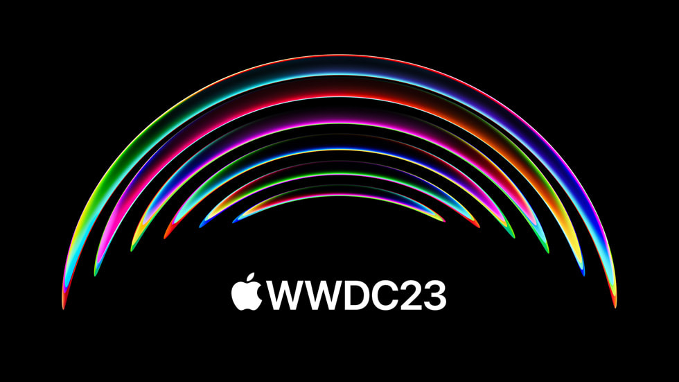 Imagem que tem um arco colorido e, abaixo, o logotipo da Apple e a sigla “WWDC23” em um fundo preto.