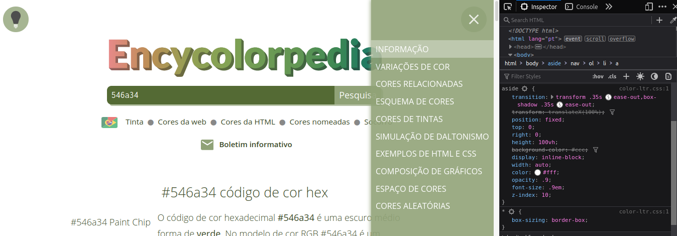 Recorte de uma imagem do site encycolorpedia.com.br que mostra o css relativo à página através do inspecionar elemento e o valor de z-index utilizado para o menu lateral