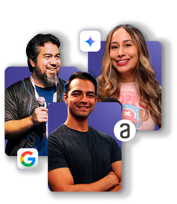 Imagem dos instrutores da Imersão IA com o Gemini da Alura com o Google, apresentando, da esquerda para a direita, de cima para baixo Luciano Martins, Fabrício Carraro e Valquíria Alencar. Eles estão em frente a um fundo roxo com elementos gráficos do Google e da Alura, cada um vestindo camisas casuais e sorrindo para a câmera.