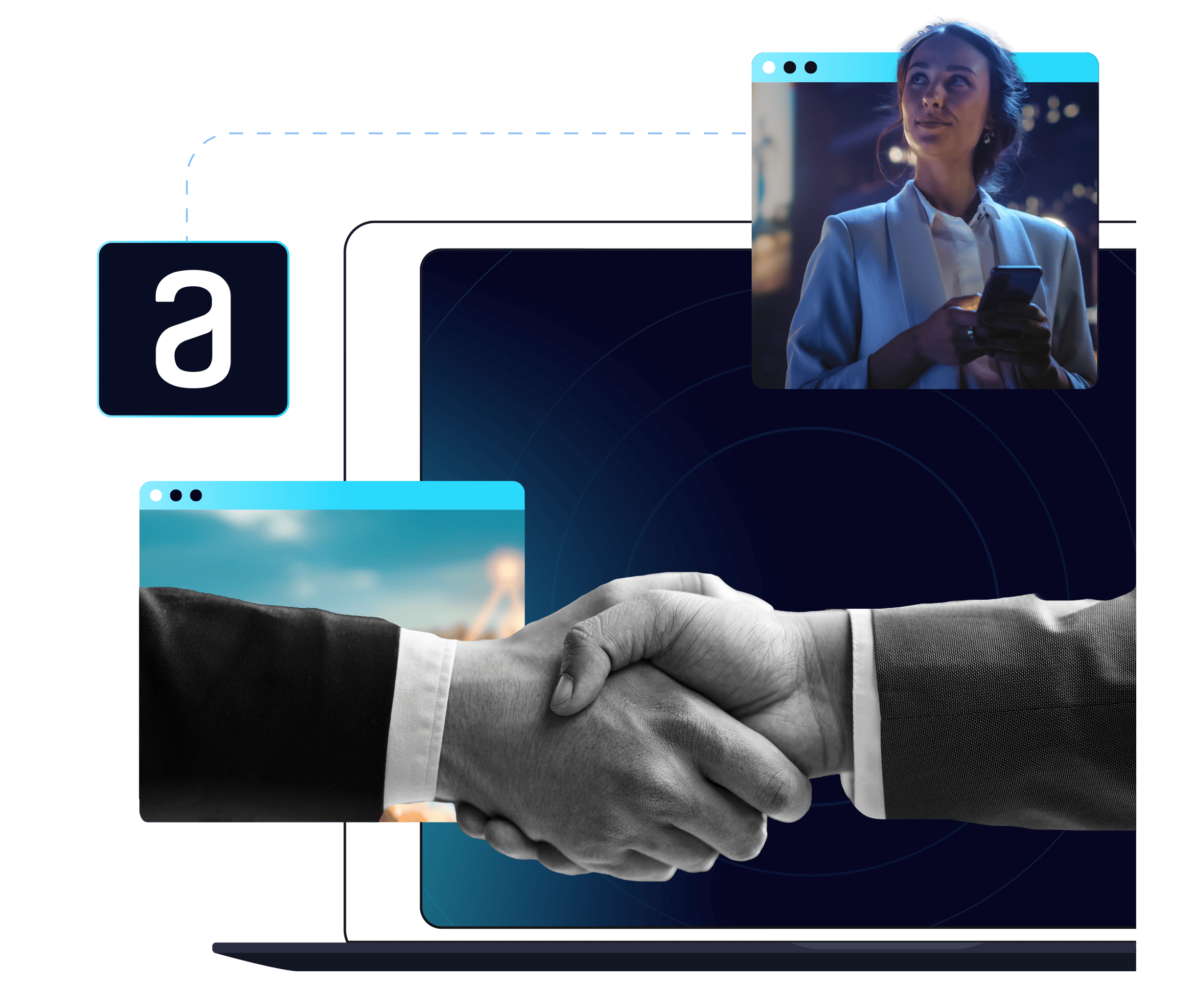 Aperto de mãos com elementos digitais ao fundo.