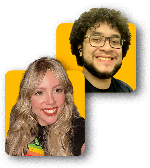 Imagem dos instrutores da Imersão Mobile da Alura, apresentando, da esquerda para a direita, Giova Moeller e Richart Lima. Eles estão sorrindo com um fundo amarelo ao fundo e cada um vestindo camisas casuais.