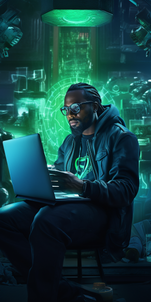 Imagem de um homem programando em Python para análise de dados com hologramas de código ao redor.