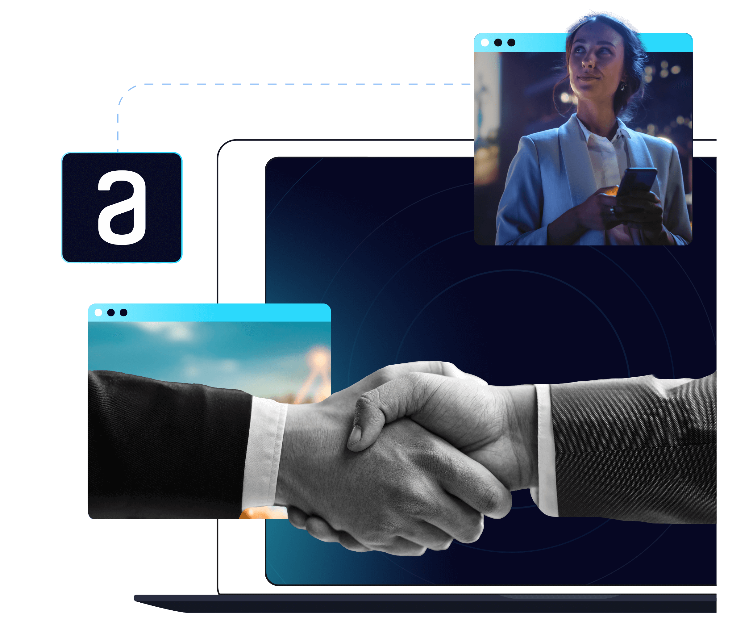 Aperto de mãos com elementos digitais ao fundo.