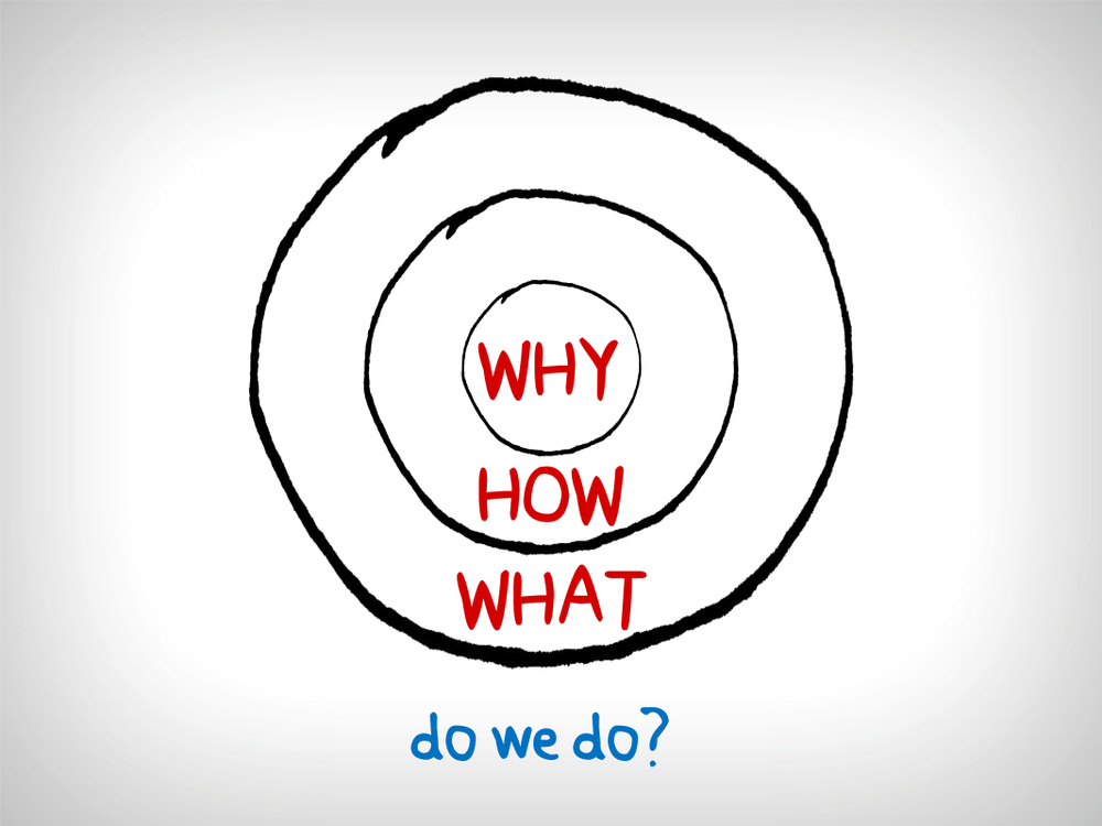 Três circulos com bordas na cor preta, um dentro do outro, o menor e no centro com a palavra "why", o segundo mais interior com a palavra "how" e o mais exterior contendo os outros dois com a palavra "what". Abaixo desse diagrama a frase em azul "do we do?"