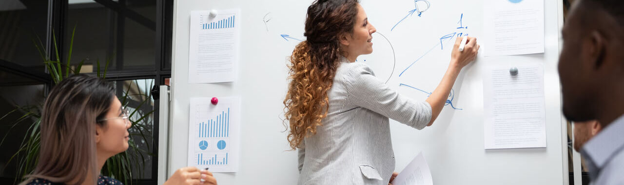 mulher desenhando em um quadro branco, com um time de pessoas observando, representando a jornada de crescimento das soluções de aprendizagem do Ecossistema Alura Para Empresas