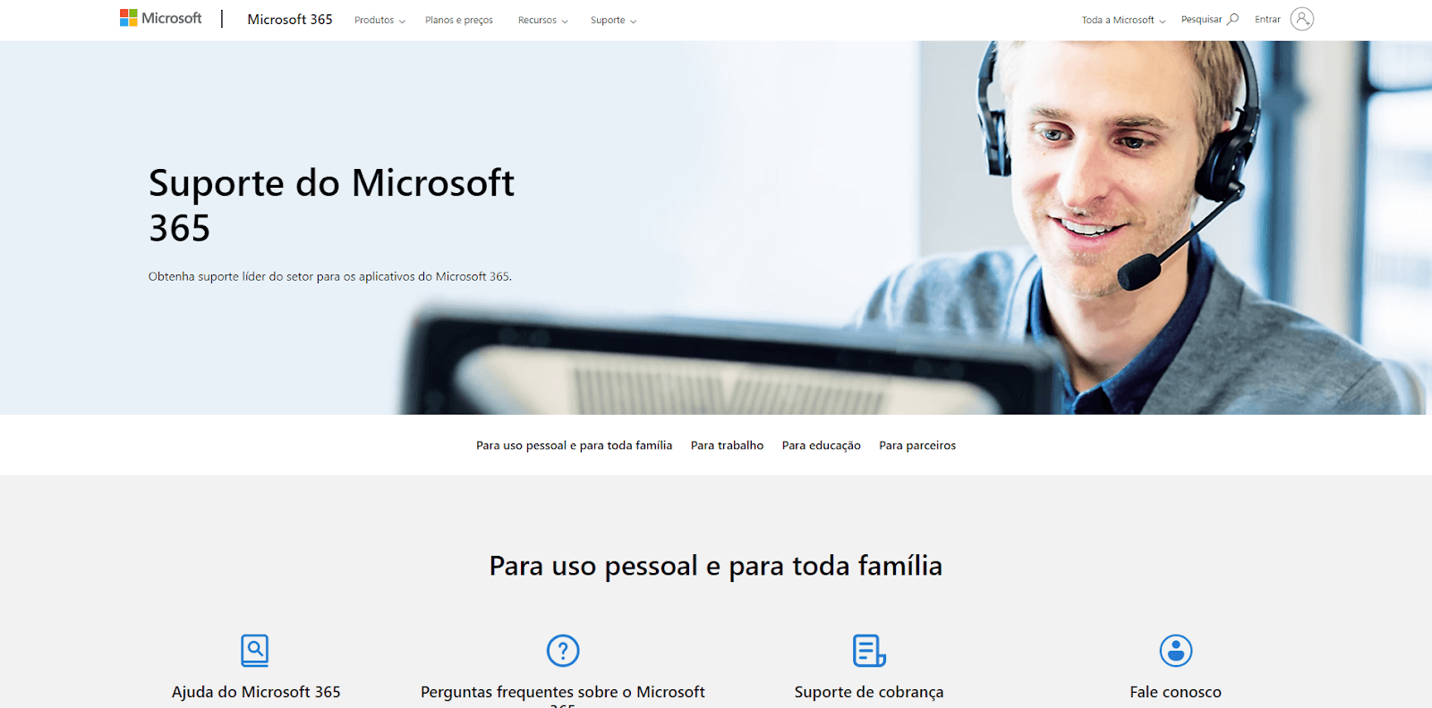 print da página de suporte do Microsoft 365