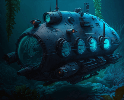 Ilustração de um submarino parado no fundo do mar. A frente do submarino possui uma escotilha esférica grande. Ele é ladeado por outras 4 escotilhas menores. O submarino tem características futuristas. O submarino é iluminado por uma luz azulada que vem de cima. Atrás do submarino, em segundo plano, surgem de cima duas algas extensas e verticais. O fundo do mar está populado por corais e mais vegetação maritima.